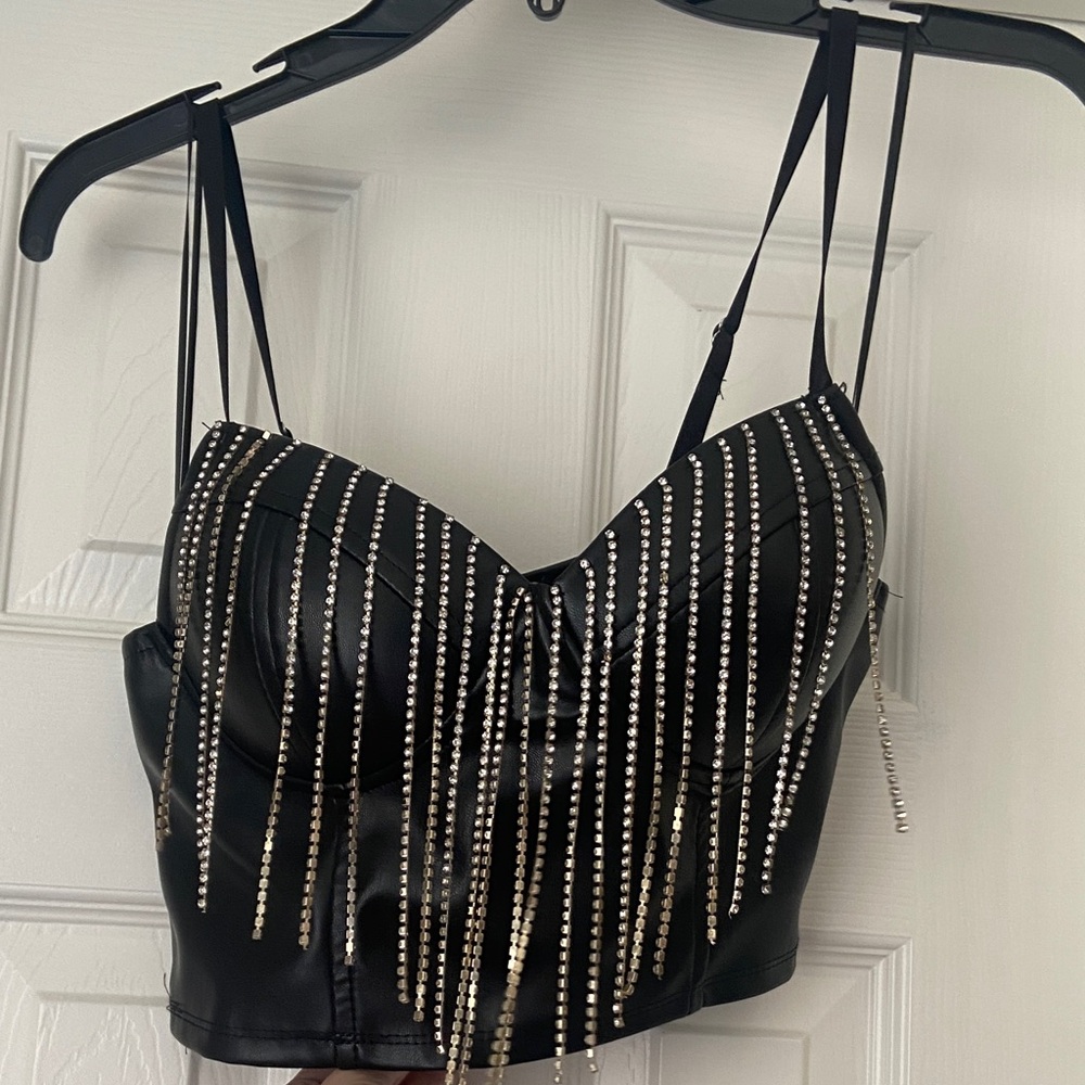 Faux Leather Black Rhinestone Bustier Top